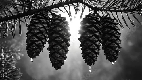 Black and white close up of pine cones hanging from a branch with sunlight shining through the forest