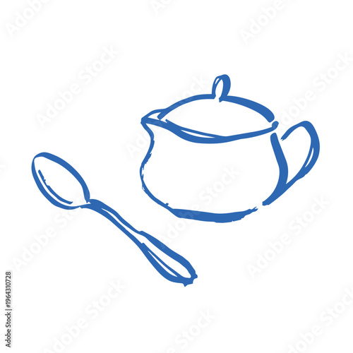 A vector illustration of a teapot and spoon, symbolizing tea time, hospitality, and simple culinary enjoyment.