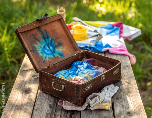 An open vintage leather suitcase showcases vibrant tiedye art in a sunny garden. This creative outdoor setting captures DIY crafts, artistic journeys, and a colorful, bohemian lifestyle.