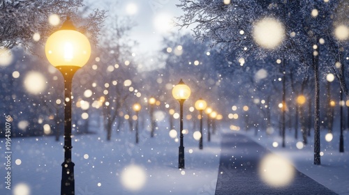 Snow Covered Park Pathway Illuminated by Warm Streetlights During a Winter Evening with Falling Snow