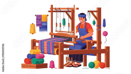 Weaver at Work: Depicting a weaver expertly operating a loom, crafting textiles with a blend of tradition and skill, celebrating the artisan's dedication.