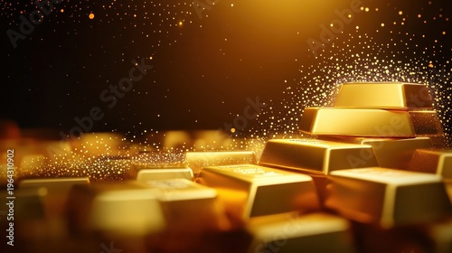 Stacked Gold Bars with Glittering Particles Against a Dark, Illuminated Background