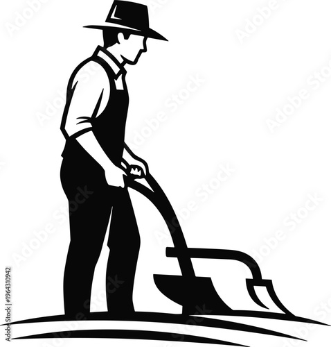 Vintage black and white vector illustration of a traditional farmer wearing a hat using a manual plow to till soil.