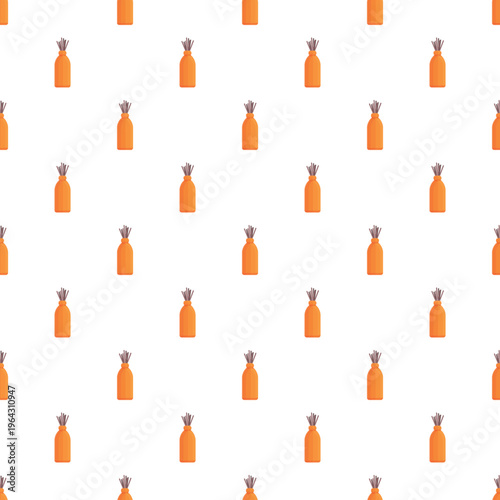 Orange aroma oil diffuser bottles with reeds repeating on a white background