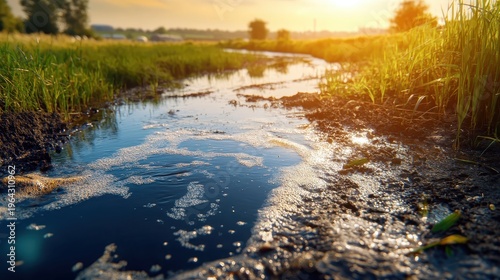 Polluted stream seeping with foamy runoff in a sunlit rural landscape
