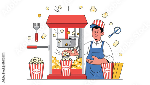 Popcorn Vendor: A vendor operates a popcorn machine, filling striped containers with freshly popped popcorn. A scene depicting the craft, smell and joyful moment.