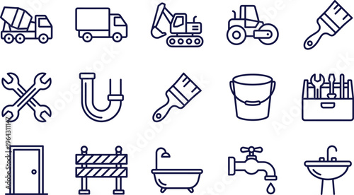 Blue Line Icons Set of Construction Tools, Heavy Machinery, Plumbing Fixtures, Paint Brushes, Excavator, Cement Truck, Bathtub, and Maintenance Essentials