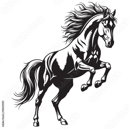Dynamic Black and White Rearing Horse Vector Illustration