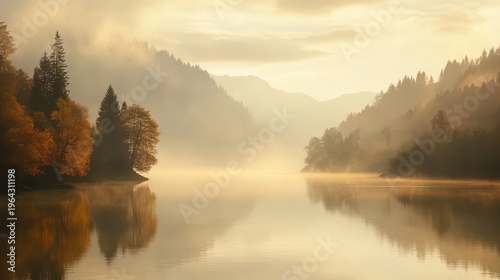 Serene lake at dawn reflecting soft golden light and gentle mist rising between forested mountains