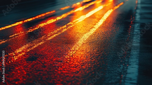 Streaks of Glowing Brake Lights Reflecting on Wet Asphalt During a Night Race