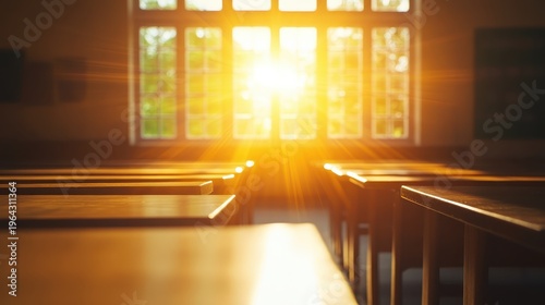 Sunlight streaming through classroom windows illuminating empty wooden desks in a school setting