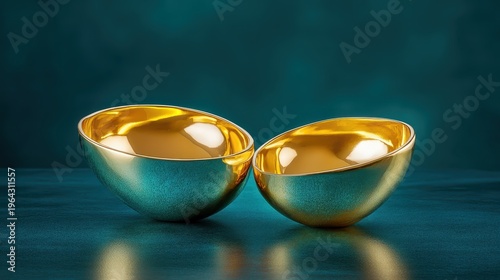 Two Elegant Gold Bowls with Teal Accents on a Reflective Surface, Symbolizing Luxury and Sophistication