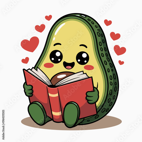 A cheerful and cartoonish avocado sits while reading a book, surrounded by heart icons. The simple design gives it a whimsical and endearing look.
