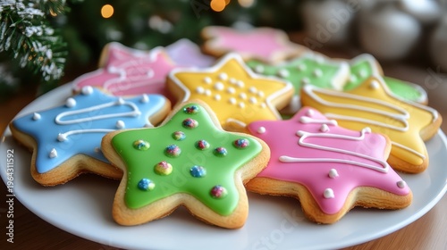 Vibrant Star Shaped Holiday Cookies Decorated with Colorful Icing and Sprinkles
