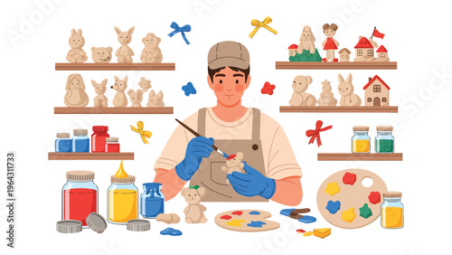 Artisan at Work: An artisan meticulously paints a clay figurine with a brush, surrounded by artistic tools and finished crafts, showcasing dedication and craftsmanship.
