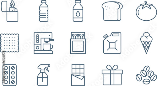 Blue Line Icons Set of Grocery Items, Food, Bread, Tomato, Coffee Maker, Matches, Fuel, Ice Cream, Pills, and Household Essentials
