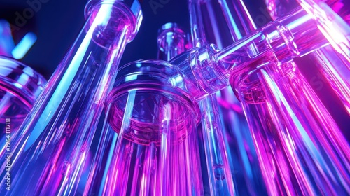 Vibrant modern laboratory equipment with glowing liquids in test tubes and beakers