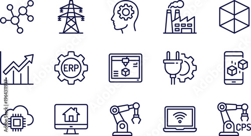 Industrial technology icons set representing smart factory, automation, robotics, cloud computing, energy, engineering, manufacturing process, data analysis, and digital transformation strategy.