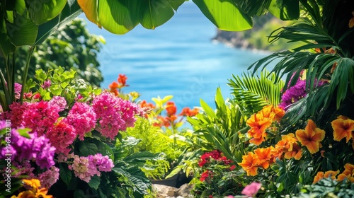 Vibrant Tropical Flowers Frame a Breathtaking Ocean View on a Sun-Drenched Island Paradise