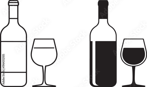 Two stylized wine bottles and glasses one outlined one solid black wine bottle outline