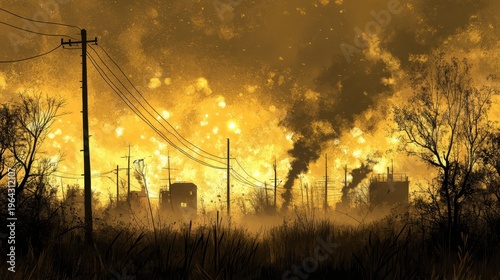 Wind turbines combating air pollution in a dramatic industrial haze effect with copy space, depicting a stylized environmental struggle.