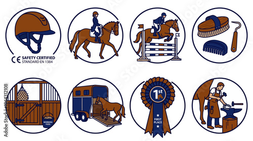 Equestrian sports and horse care icons set vector illustration