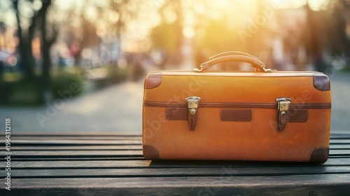 Vintage leather travel suitcase resting on a wooden bench bathed in warm sunlight, ready for a holiday journey.