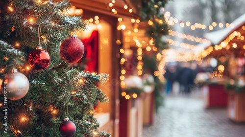Warm glow of festive holiday lights illuminates a vibrant Christmas market with decorated stalls and fir trees
