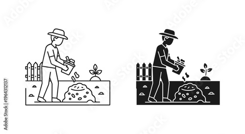 Composting process vector icons, gardener adding organic waste to compost pile, sustainable gardening and soil enrichment concept illustrations