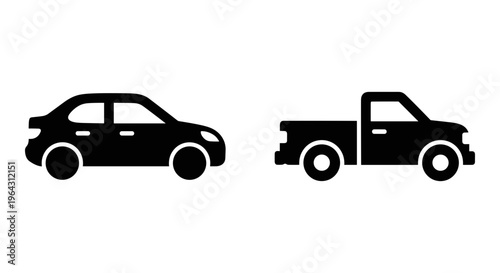 Minimalist car and pickup truck icons, black silhouette vehicle vector set, automotive transportation symbols for web and mobile apps
