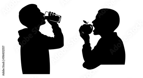 Healthy lifestyle silhouette of man drinking water and eating apple, black and white vector of person consuming fresh food and beverage