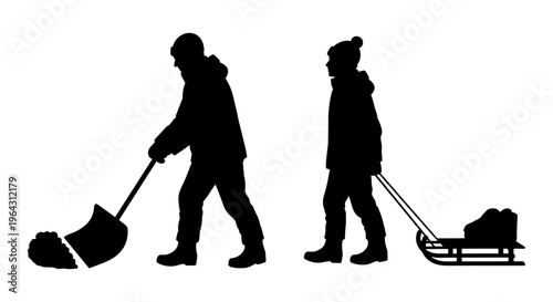 Winter activity silhouettes of man shoveling snow and person pulling sled, seasonal maintenance and outdoor fun vector icons