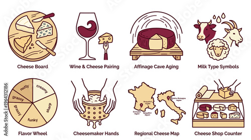 Cheese production tasting and pairing infographic icon collection