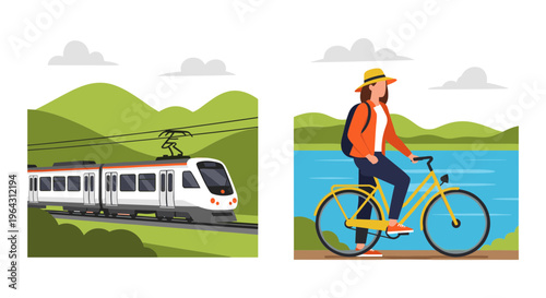Sustainable travel vector set with modern electric train and woman cycling, eco-friendly transportation in nature landscape, green tourism concept