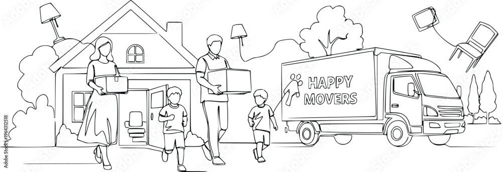 Fototapeta premium Family Moving to New Home with Movers Truck Continuous Line Drawing Vector Illustration