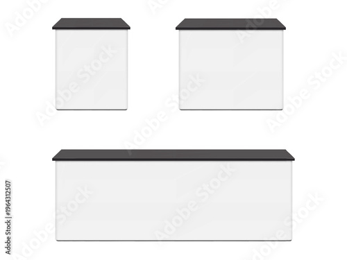 Black and white blank table. Realistic 3d vector mockup set. Tradeshow portable promotional counter stand for brand design. Template. Reception desk. Easy editable mockup