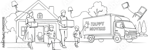 Family Moving to New Home with Movers Truck Continuous Line Drawing Vector Illustration