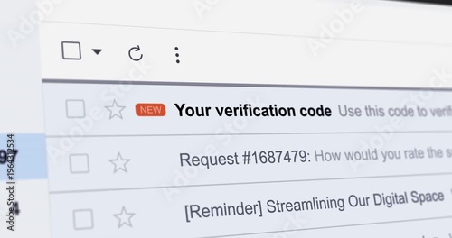Incoming email with title Your verification code, new e-mail with OTP verification code, one-time password, close up footage