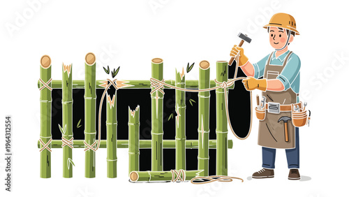 Craftsman's Bamboo Barrier: A skilled craftsman meticulously constructs a bamboo barrier, demonstrating expertise in carpentry with each precise movement.