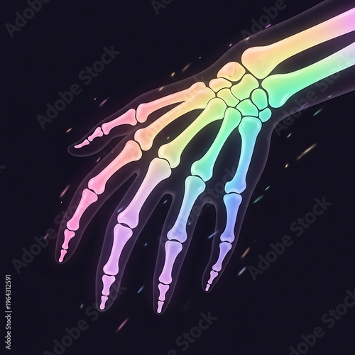Rainbow colored human hand skeleton closeup.
