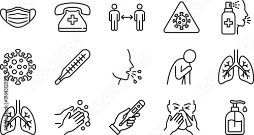 Medical Prevention Icon Set Featuring Face Mask, Social Distancing, Virus Warning, Sanitizer Spray, Thermometer, Hand Washing, Respiratory Health, and Flu Symptoms