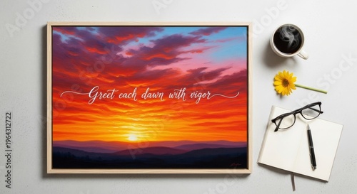 Vibrant Sunrise Painting with Motivational Quote