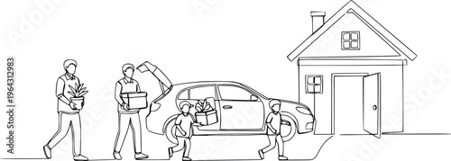 Family Moving Into New Home with Car and Boxes Continuous Line Drawing Vector Illustration