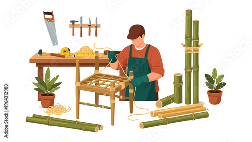 Artisan's Craft: A skilled craftsman meticulously weaves the seat of a chair, surrounded by tools and materials, embodying the art of craftsmanship and dedication to detail.