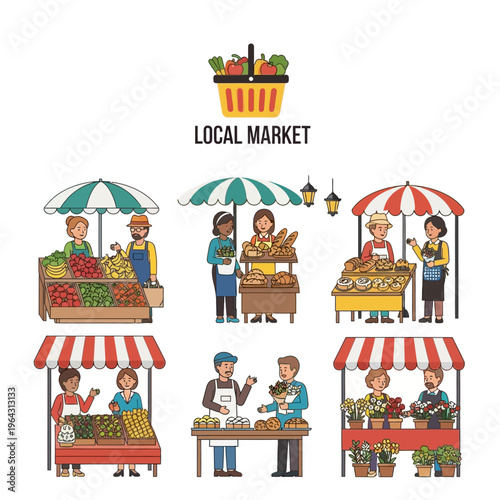 Local Market Scene with Diverse Vendors and Customers.