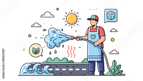 Watering the street: An individual diligently uses a hose to water a street with a strong spray, creating a refreshing atmosphere under a radiant sun.