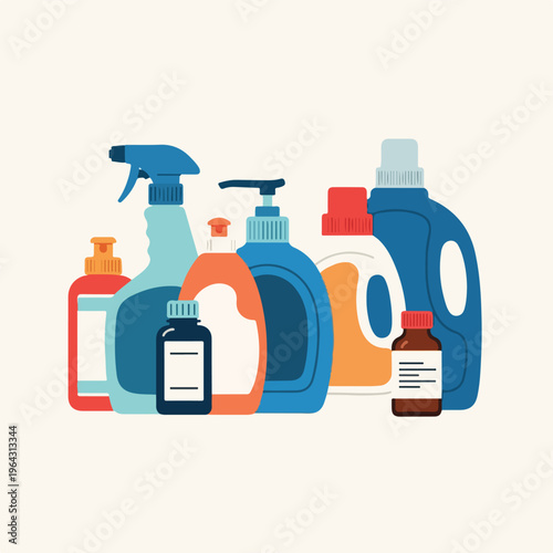 Collection of various household cleaning supplies and detergent bottles