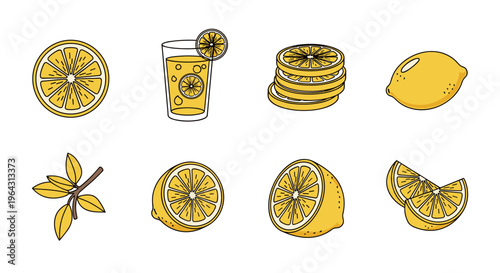 Fresh lemons and lemon drinks illustrated in a vibrant and playful style