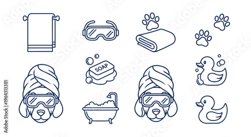 Cute dog spa icons with towel, goggles, soap, bathtub, and rubber ducky