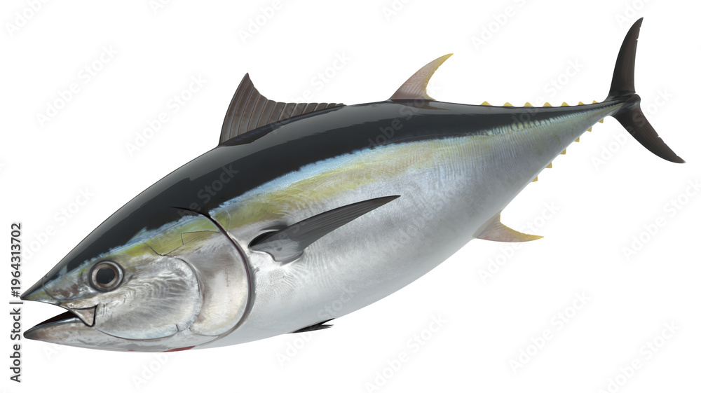 Obraz premium Yellowfin tuna fish swimming left seafood ocean isolated on a transparent background